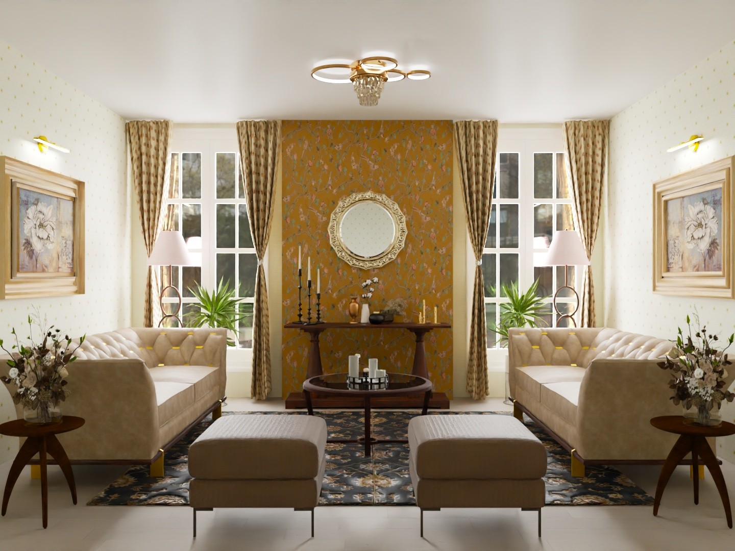 Living room with beige sofa and floral décor - Beautiful Homes