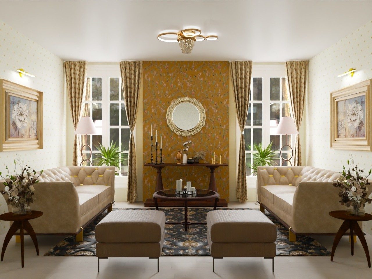 Living room with beige sofa and floral décor - Beautiful Homes