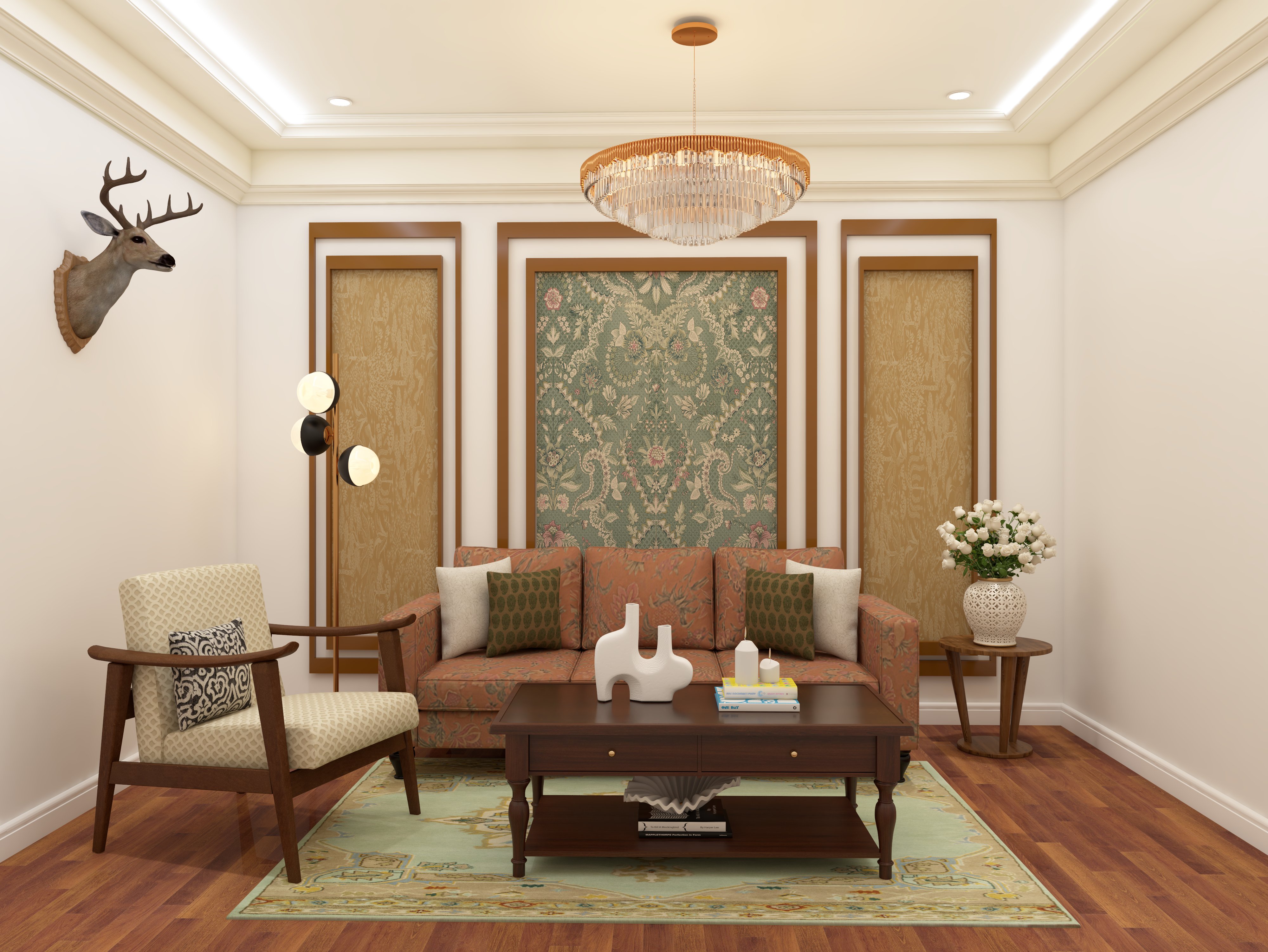 Traditional living room with Rio 3-seater sofa and Nilaya center table and armchair - Beautiful Homes