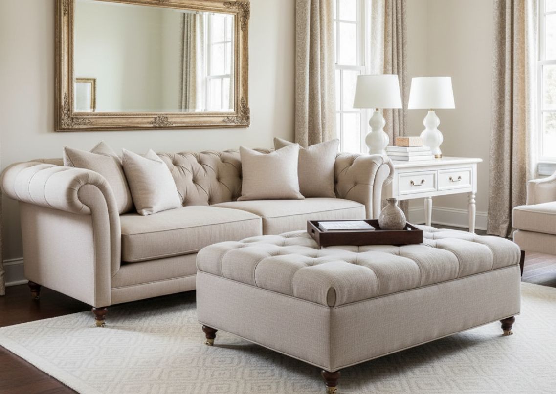 Neutral living room with tufted furniture and mirror - Beautiful Homes