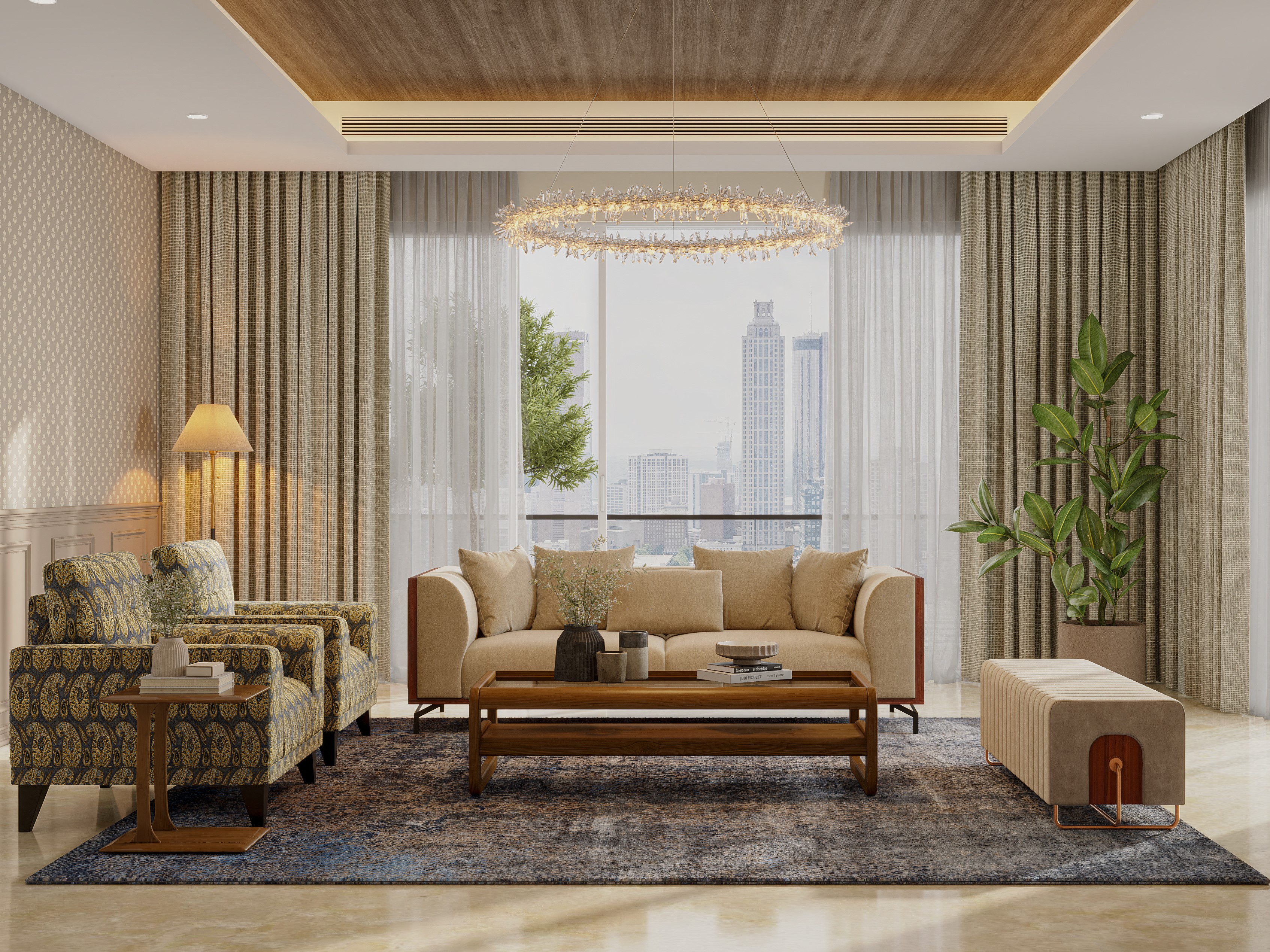 Elegant living room with sofa, armchairs, and chandelier - Beautiful Homes