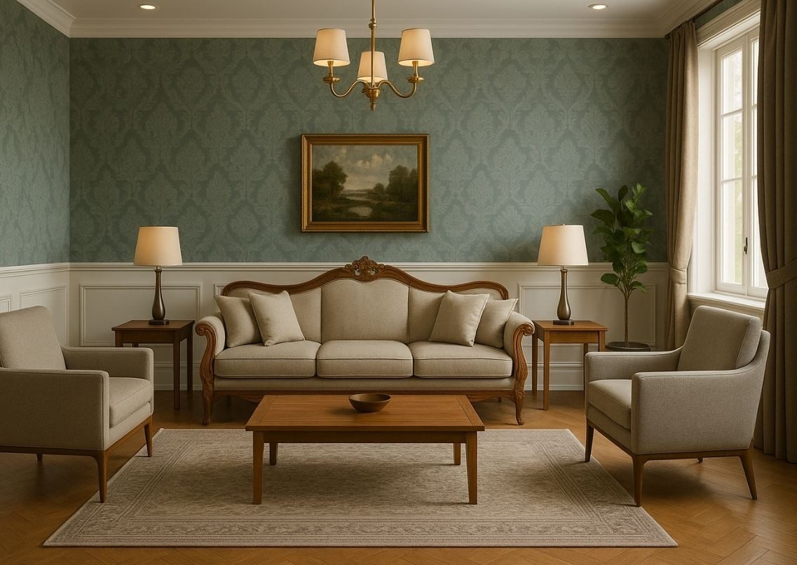 Classic living room with beige furniture and wooden accents - Beautiful Homes