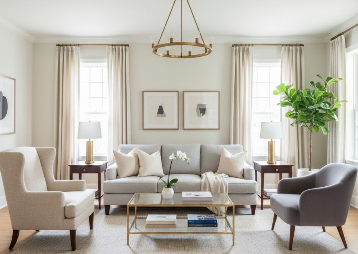Living room with grey sofa and glass table - Beautiful Homes