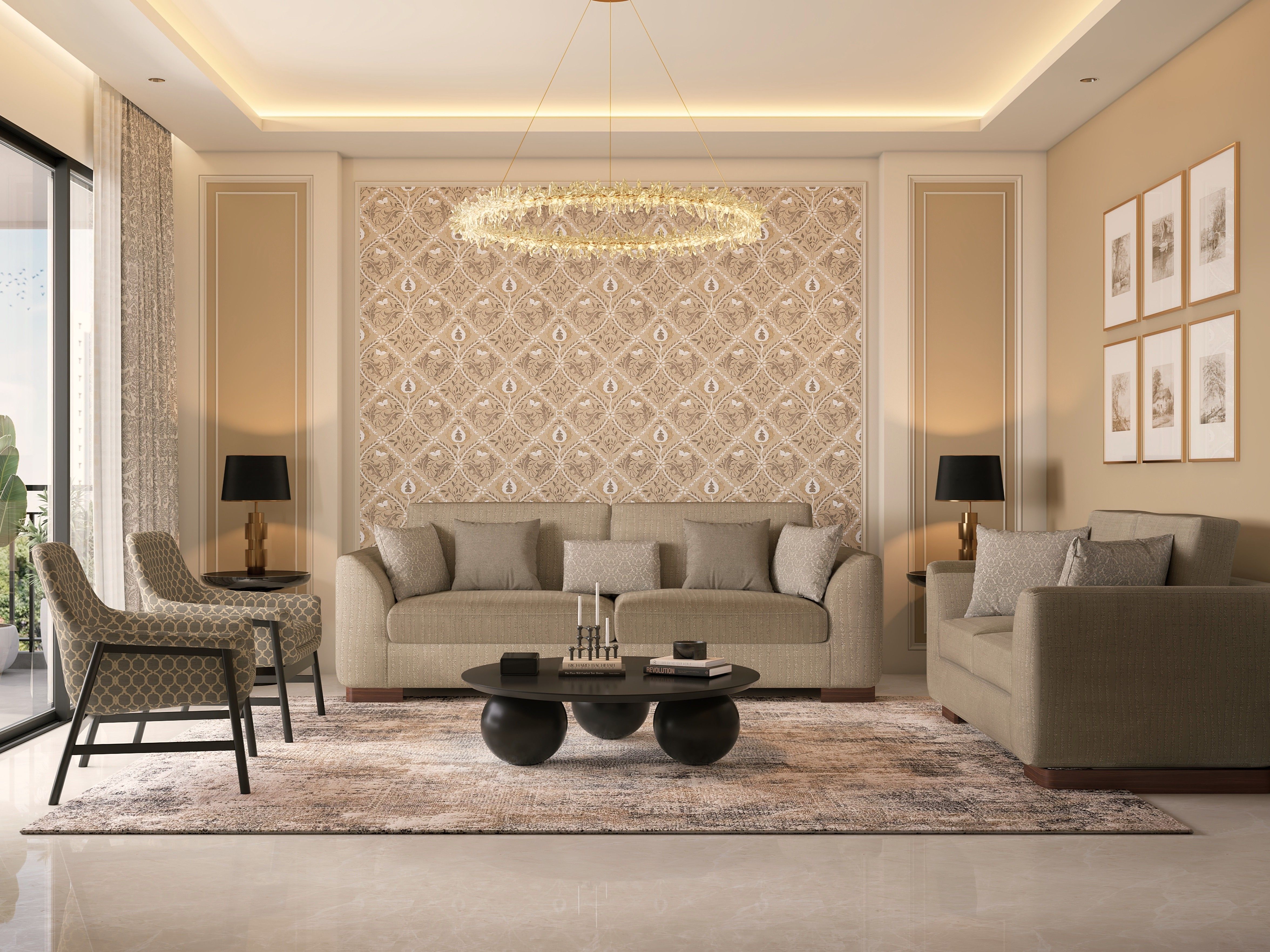 Living room featuring patterned wallpaper, plush seating, and a crystal chandelier - Beautiful Homes