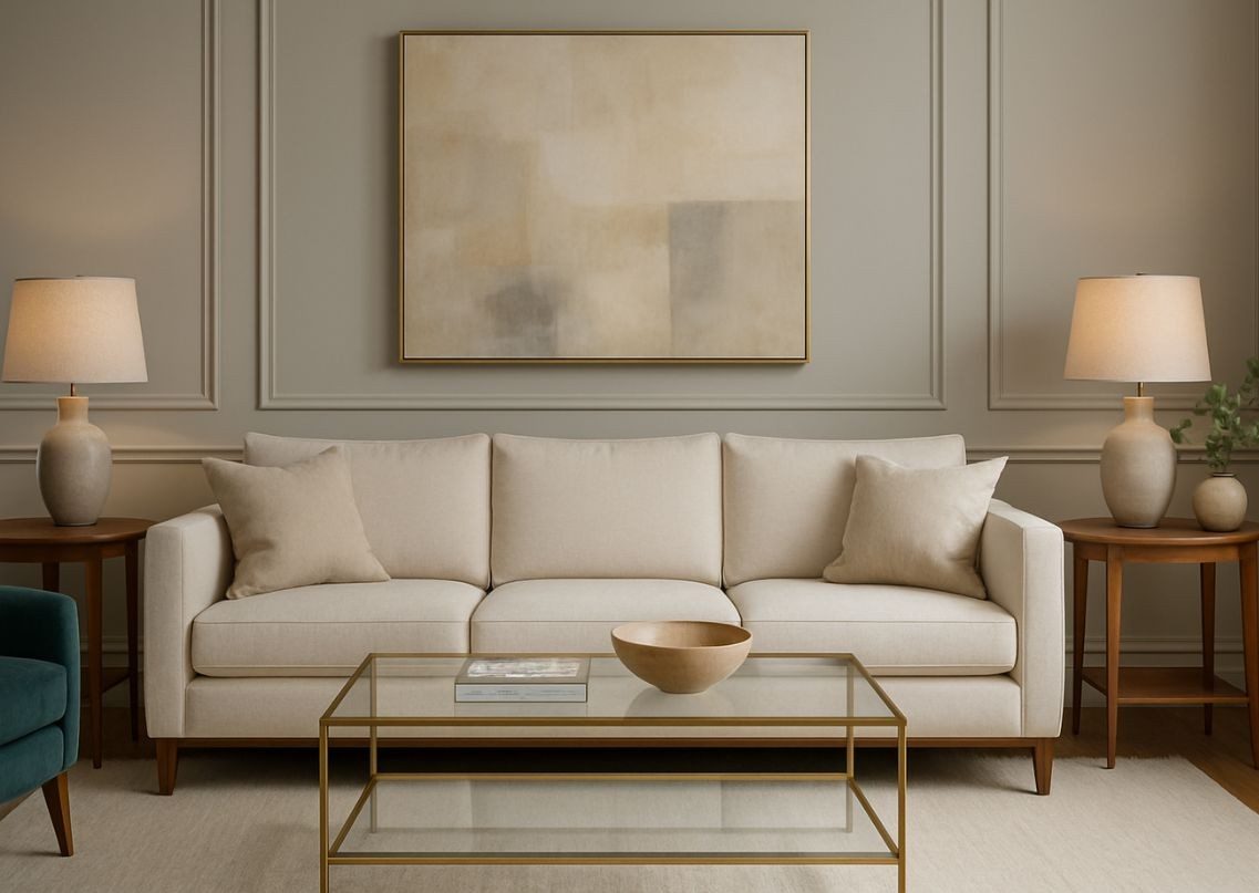 Living room with beige sofa and glass table - Beautiful Homes