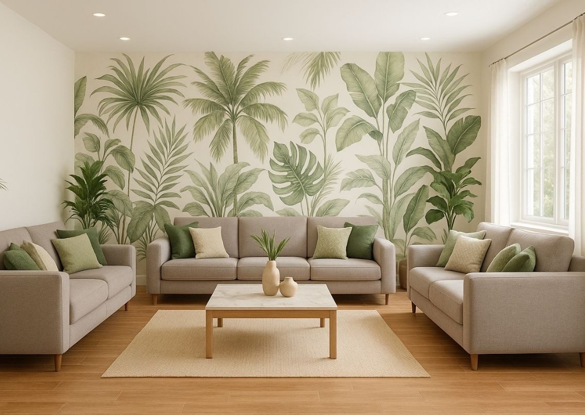 Living room with tropical wall, grey sofa, white curtains - Beautiful Homes