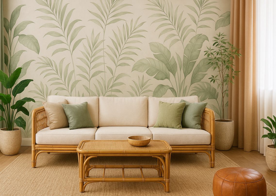 Cozy living room with tropical wall and rattan décor - Beautiful Homes
