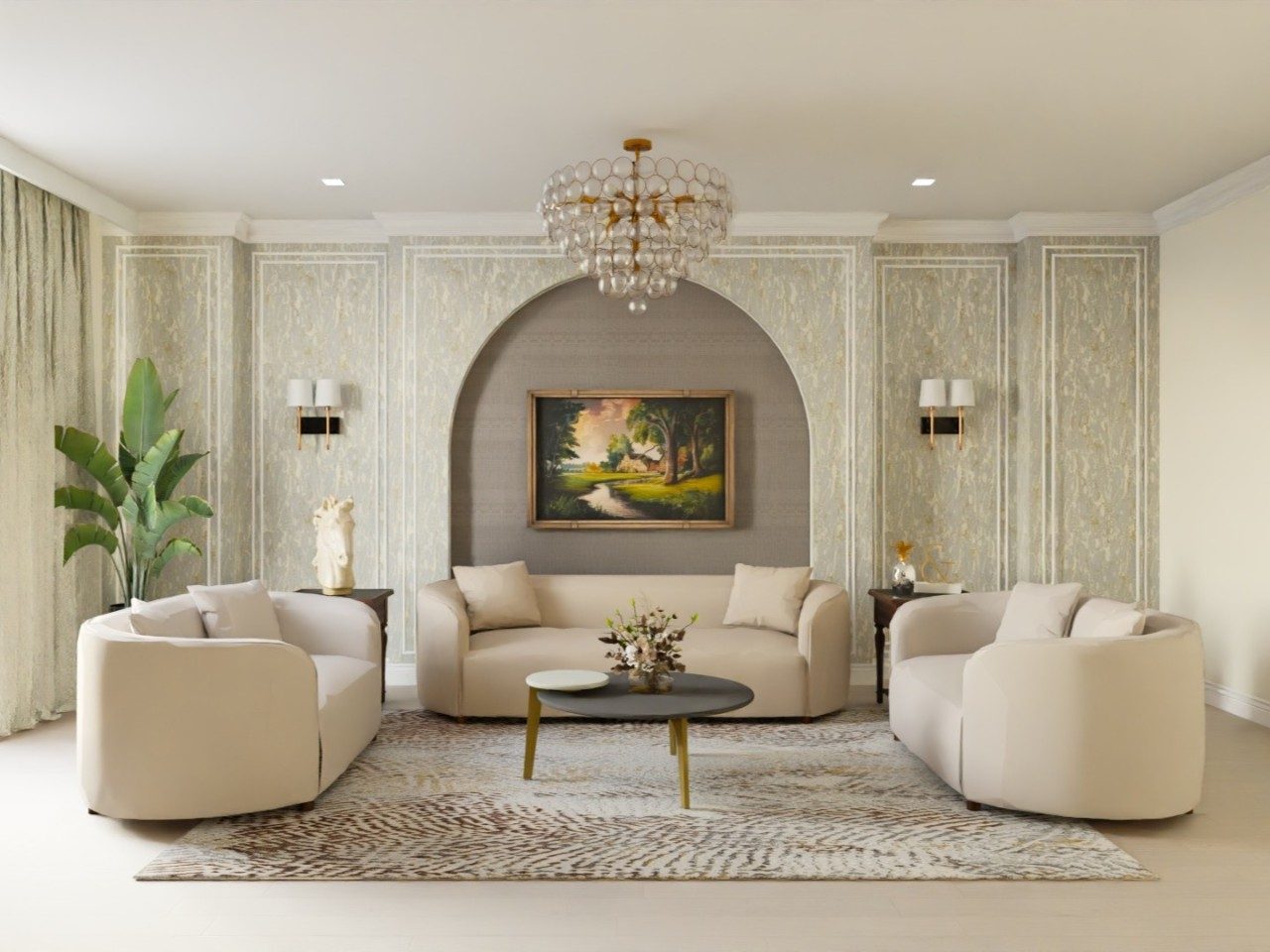 Modern living room with beige sofa and chandelier - Beautiful Homes