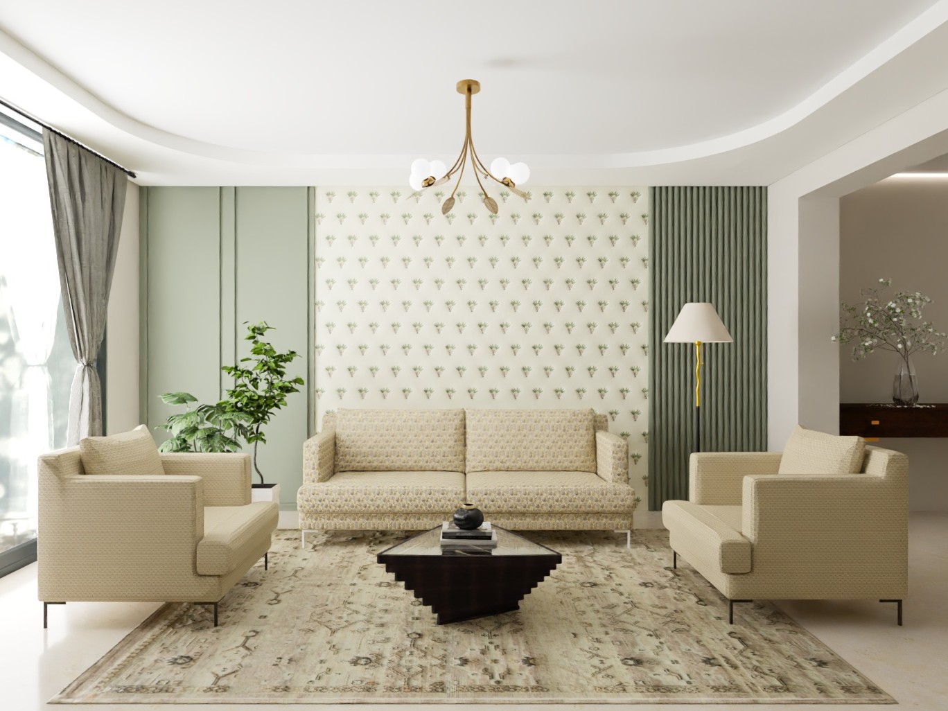 Beige sofa, green wall, and patterned décor setup - Beautiful Homes