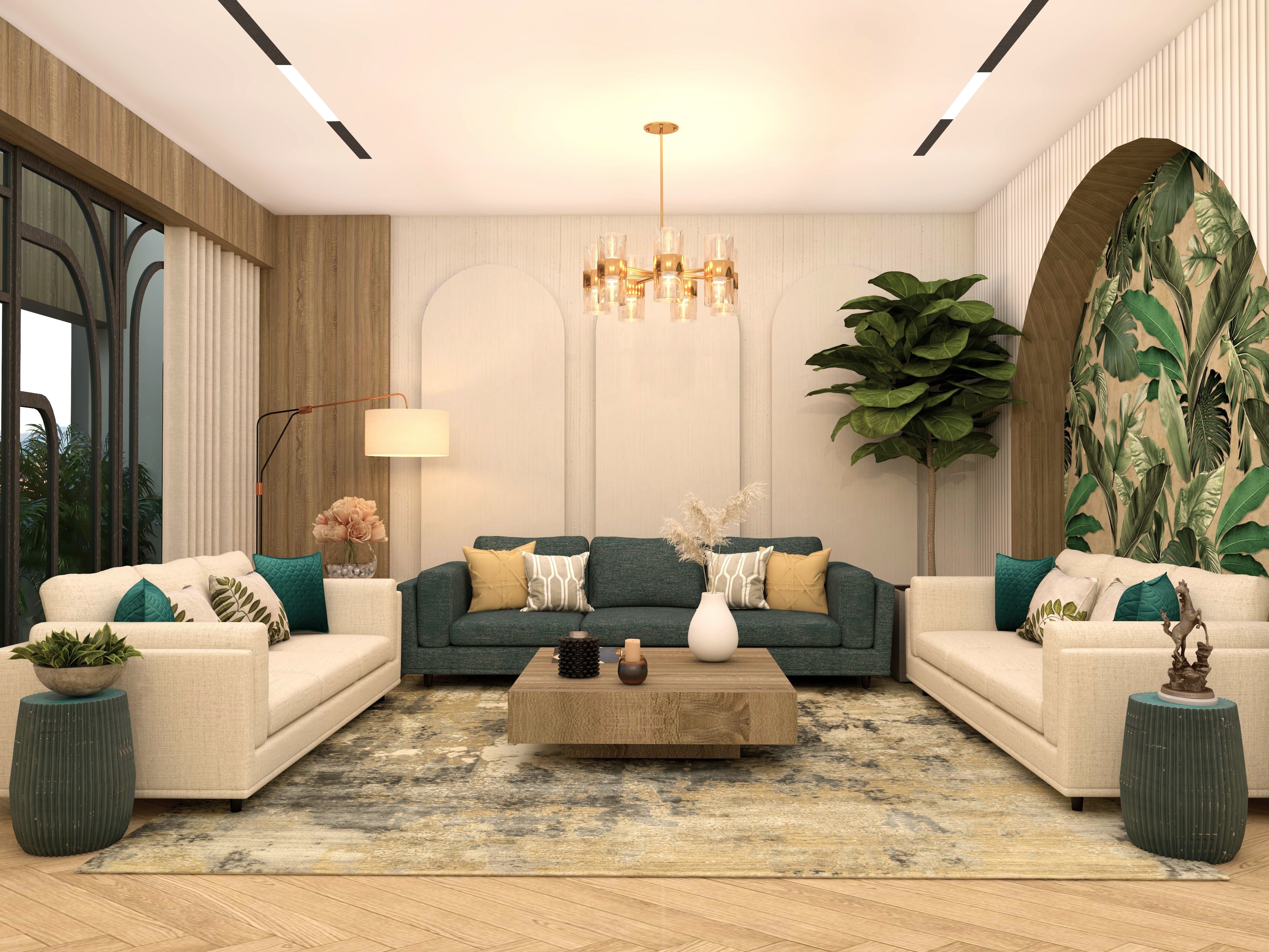 U shaped living room with a combination of green and white three seater sofas-Beautiful Homes