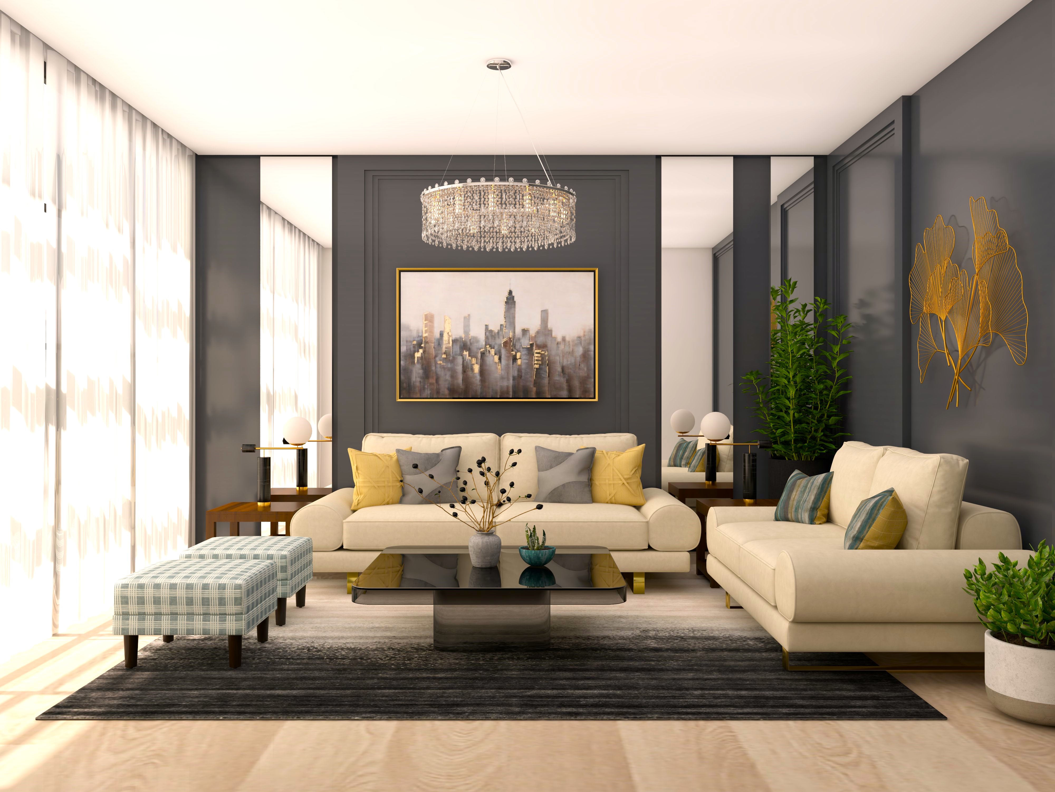 U shaped living room with grey wall paneling and chandelier-Beautiful Homes