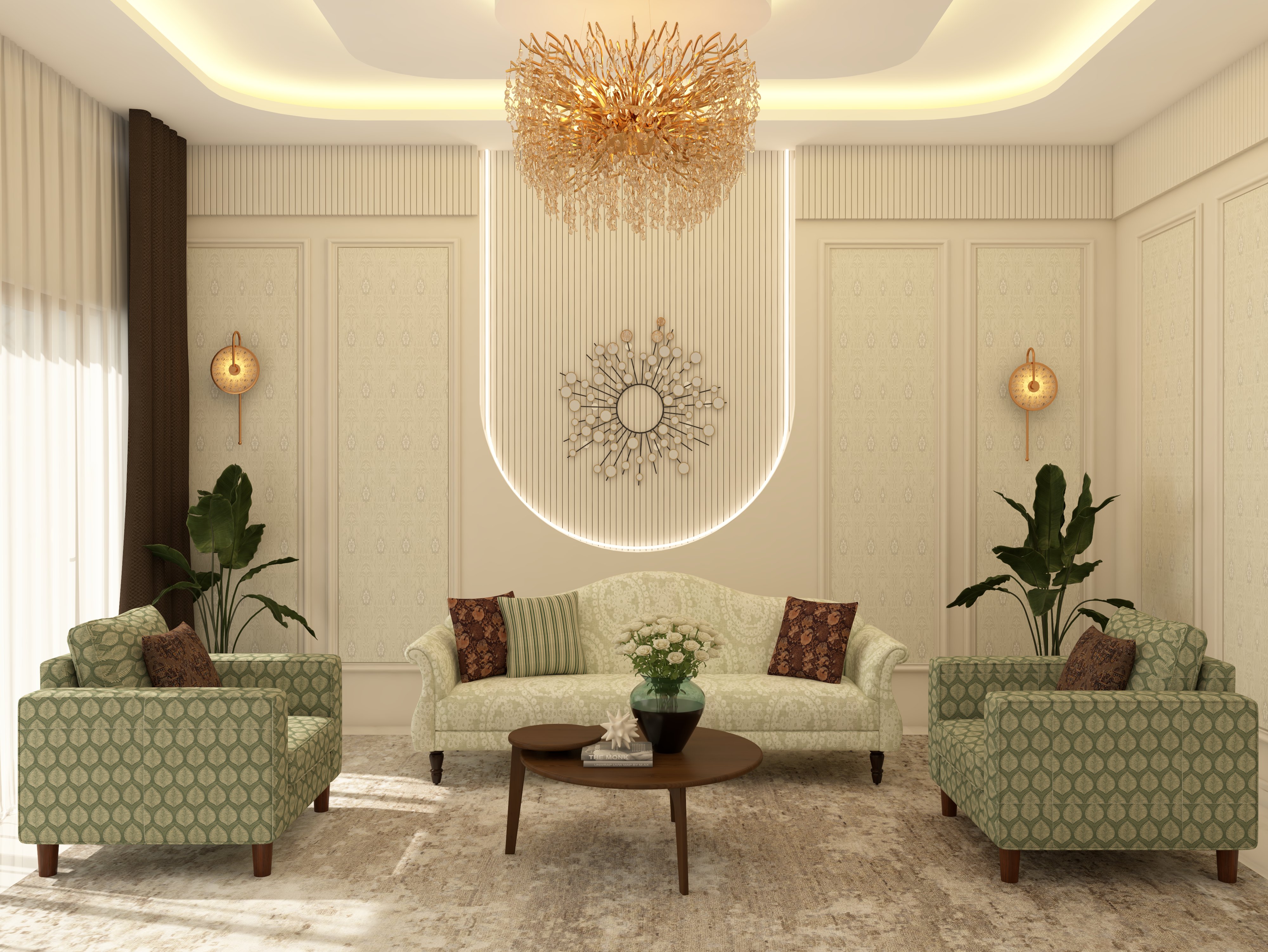 U-shaped luxury living room with wall trims and wallpaper - Beautiful Homes