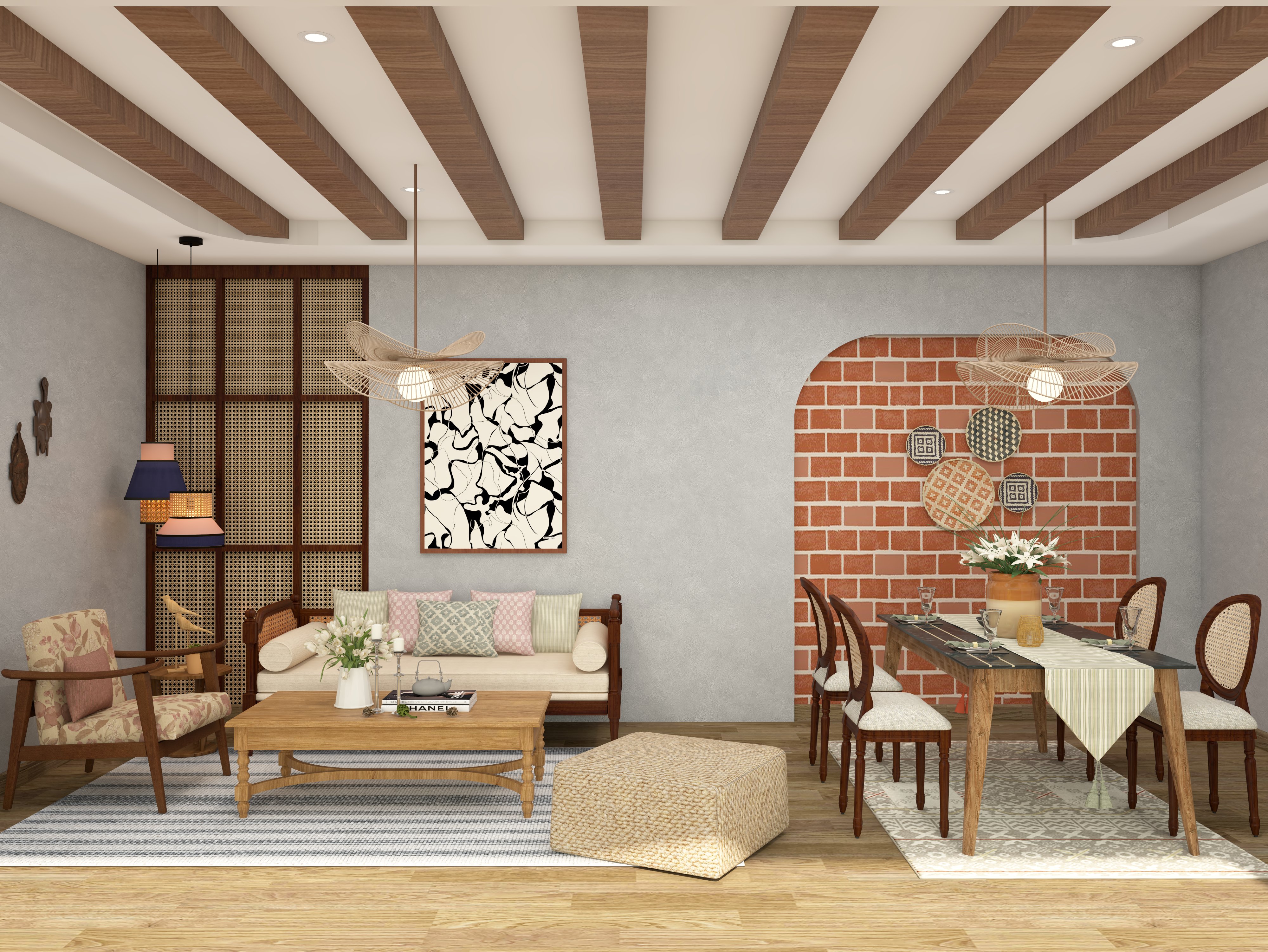 Vernacular style living room with wooden furniture and light grey wall - Beautiful Homes