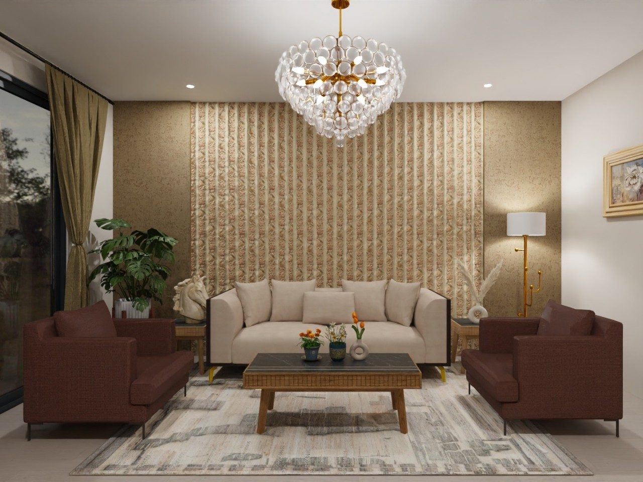 Living room with beige sofa, textured walls, and chandelier - Beautiful Homes