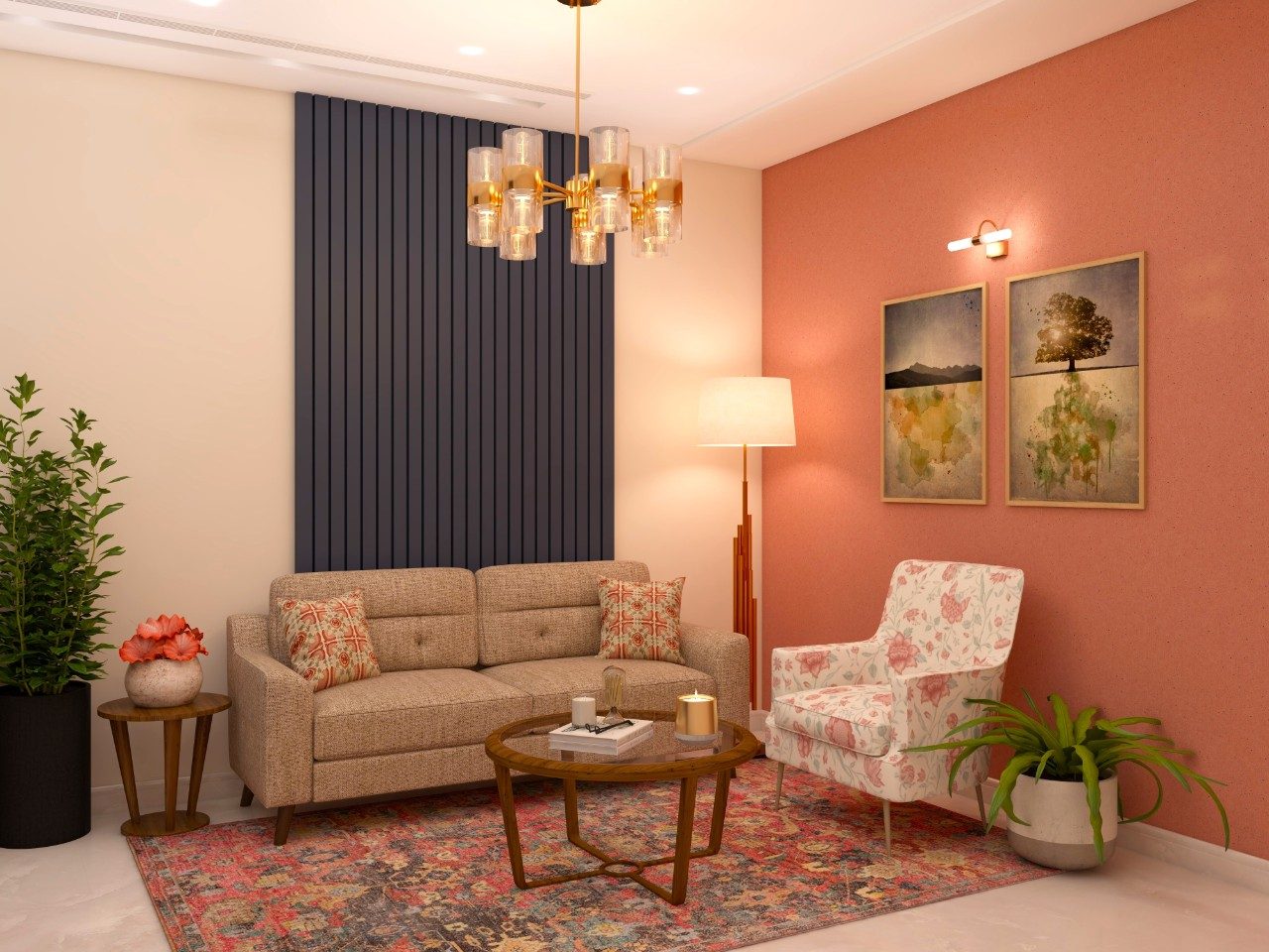 Living room with sofa, floral chair, and vibrant carpet - Beautiful Homes