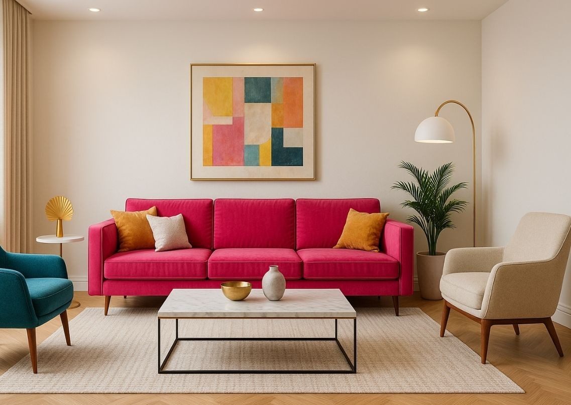 Bright living room with pink sofa and décor - Beautiful Homes