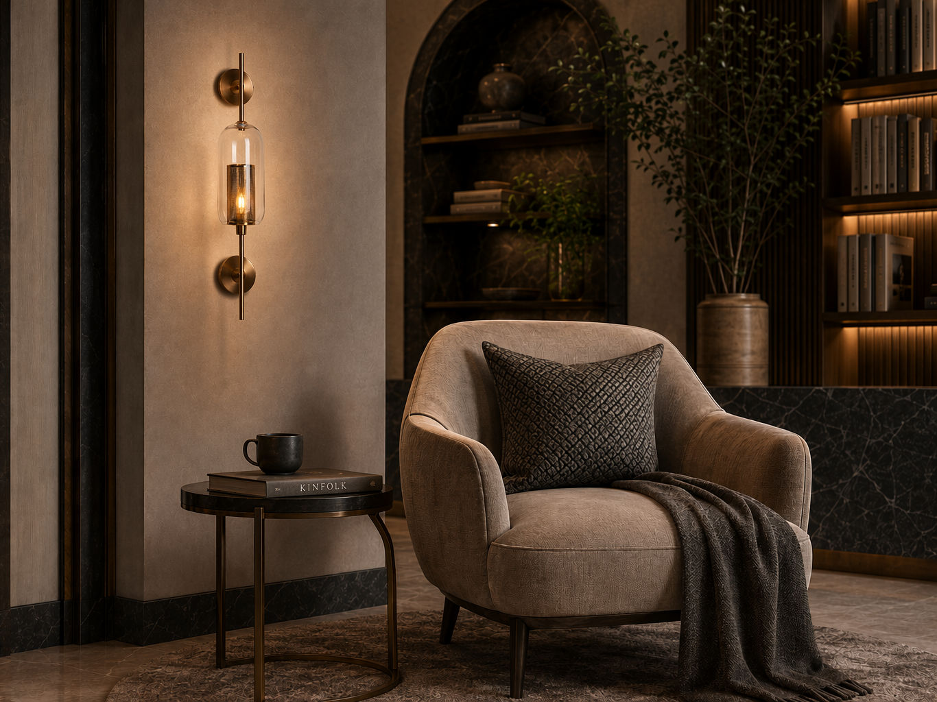 Wall-mounted brass light fixture with a clear cylindrical glass shade and warm ambient illumination - Beautiful Homes