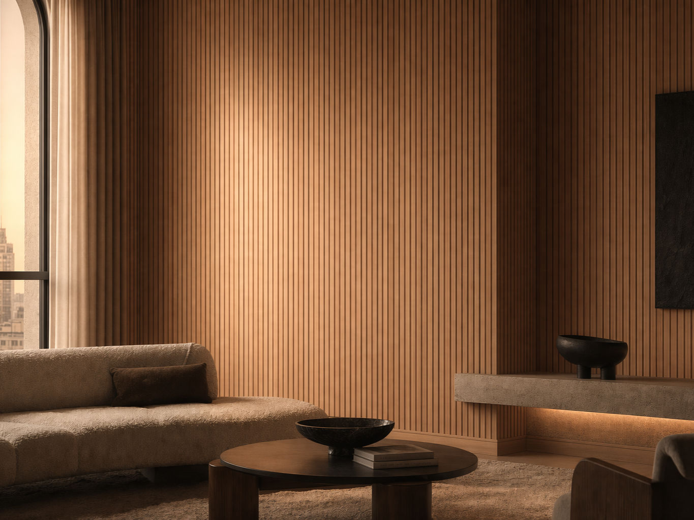 Floor-to-ceiling light brown wood slat wall panels - Beautiful Homes