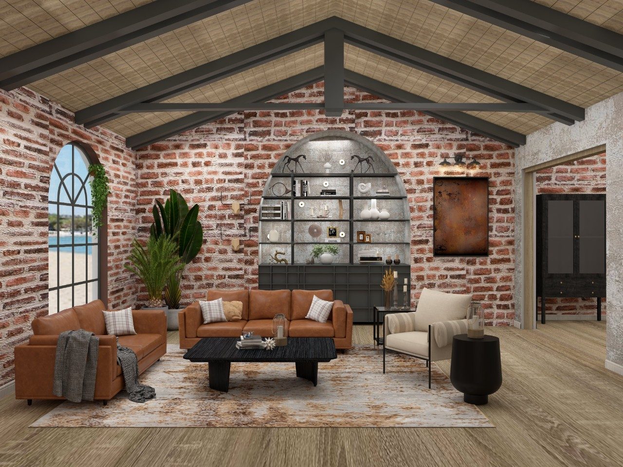 Industrial living room with leather sofa and brick walls - Beautiful Homes