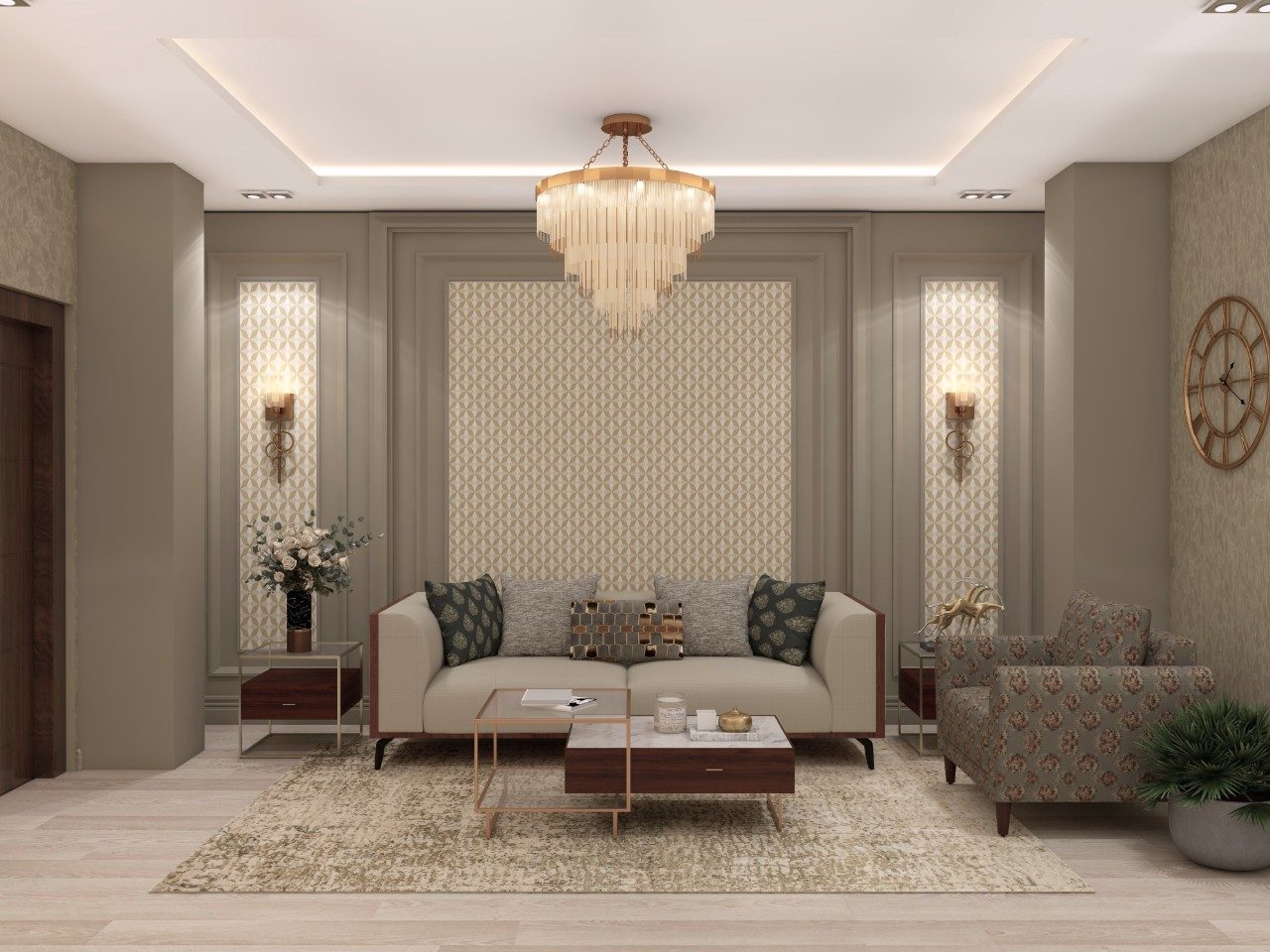Neutral living room with chandelier and textured walls - Beautiful Homes