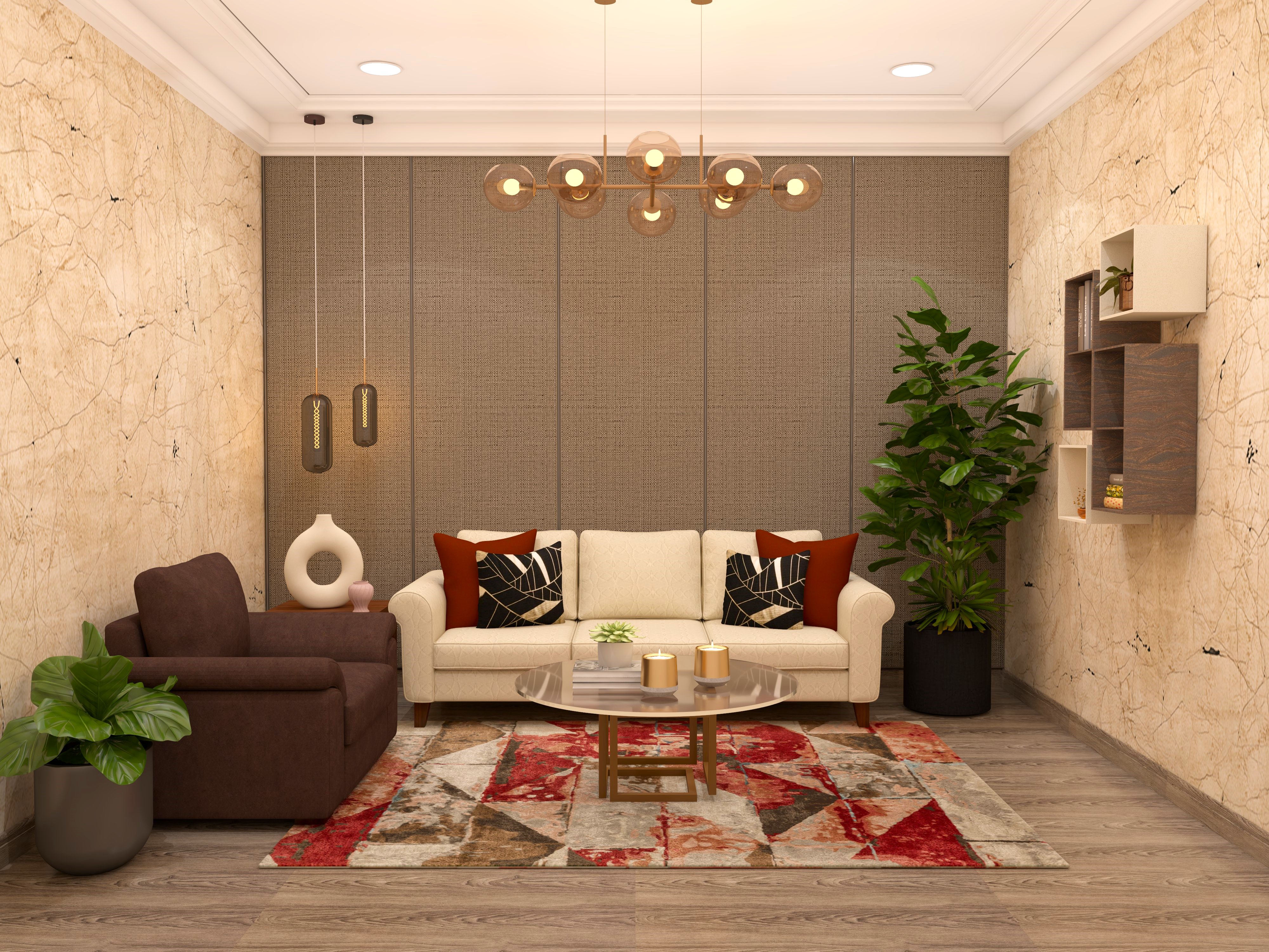 White and brown living room with carpet having red accents-Beautiful Homes