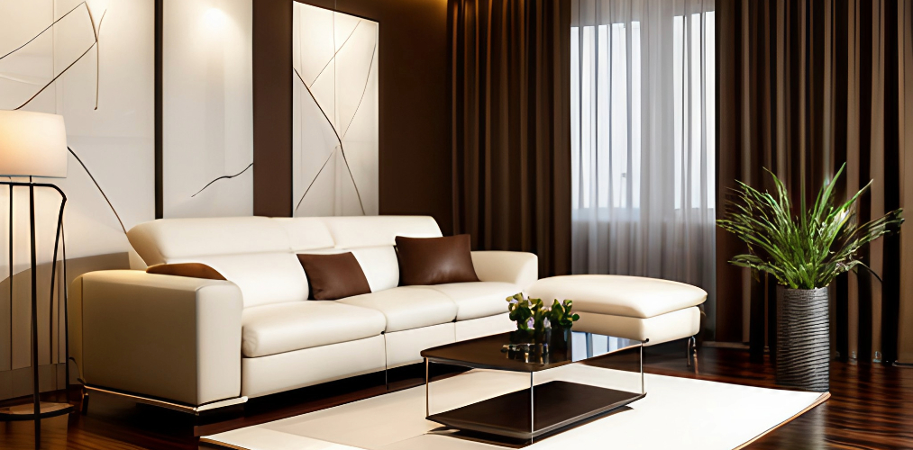 White and brown living room with white modular sofa-Beautiful Homes