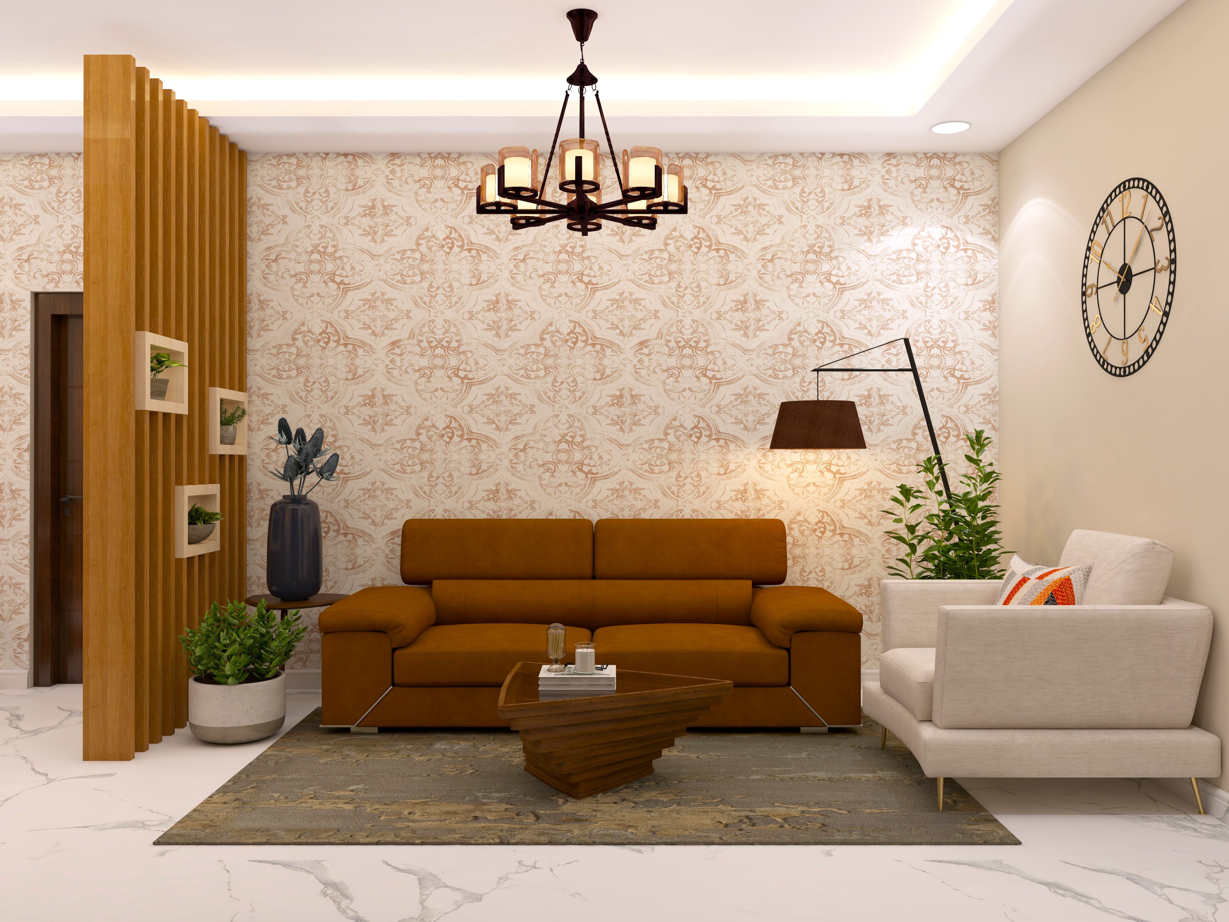 White and brown living room with wallpaper with golden accents-Beautiful Homes