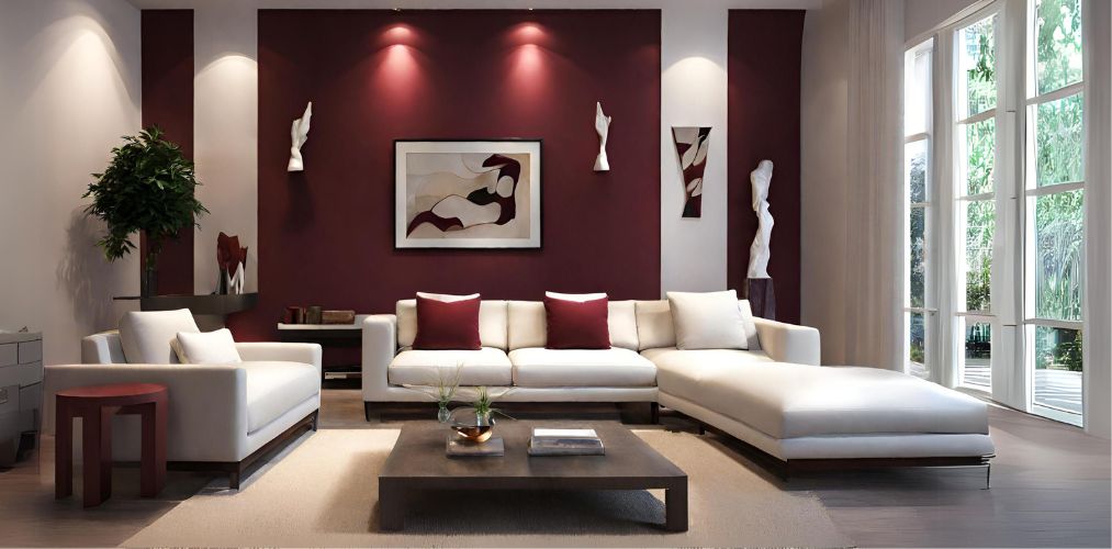 White and maroon living room with wooden coffee table-Beautiful Homes
