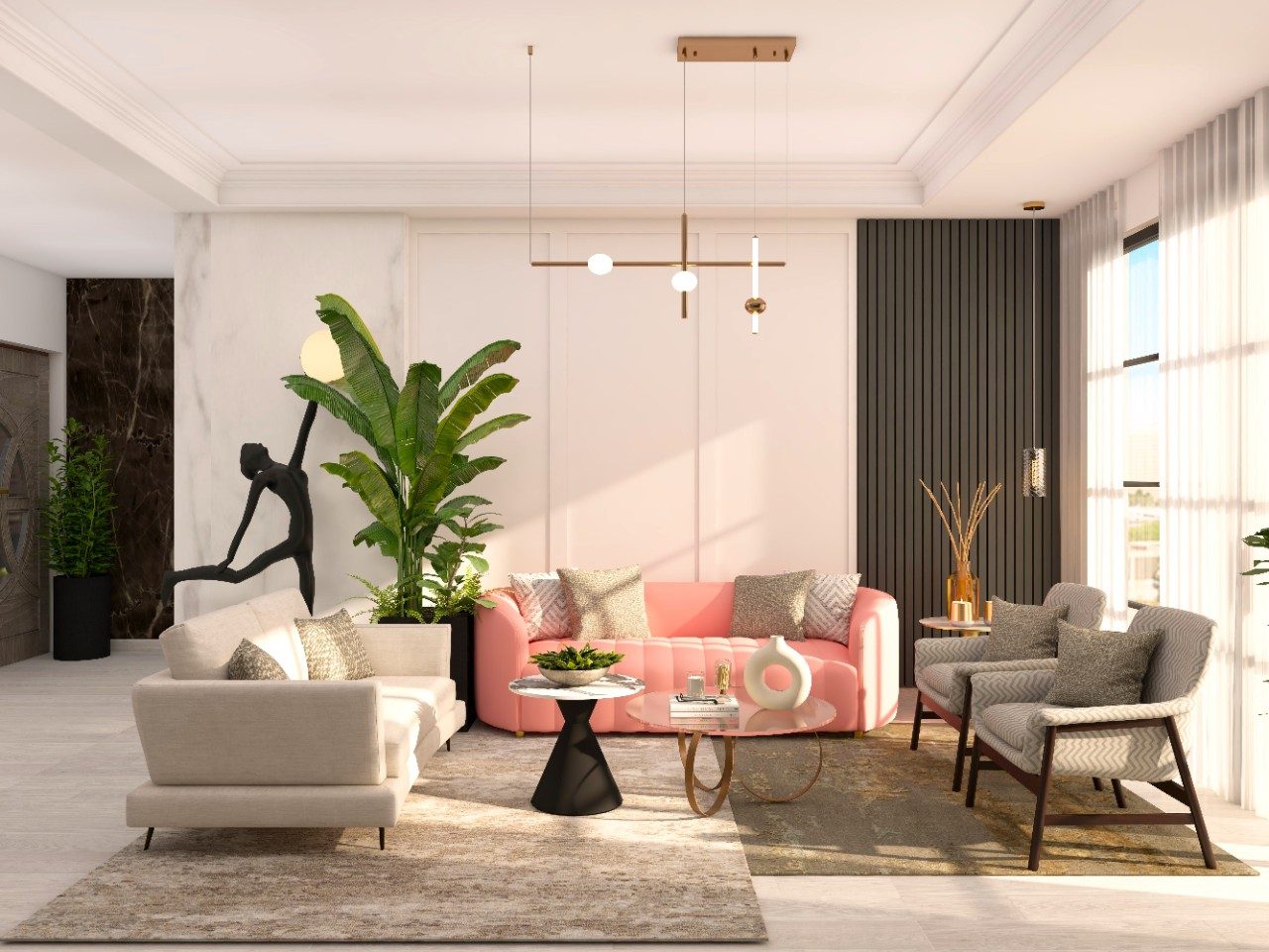 White living room with pink sofa and grey chairs-Beautiful Homes