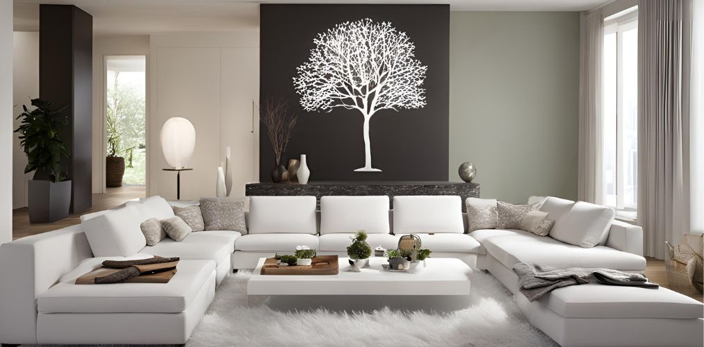 White living room with tree painting - Beautiful Homes