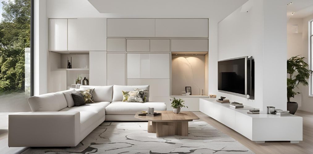 White living room with TV unit and wooden center table - Beautiful Homes