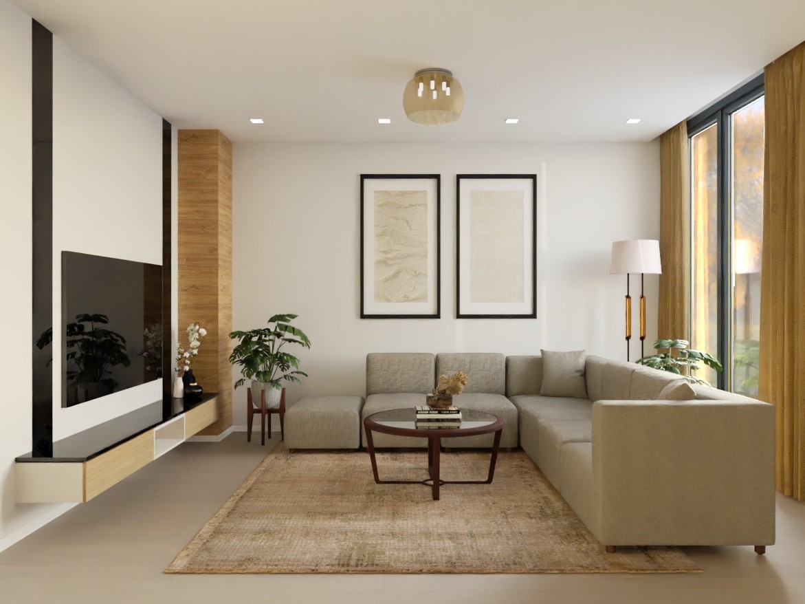 Stylish living room with grey sofa and wooden décor - Beautiful Homes