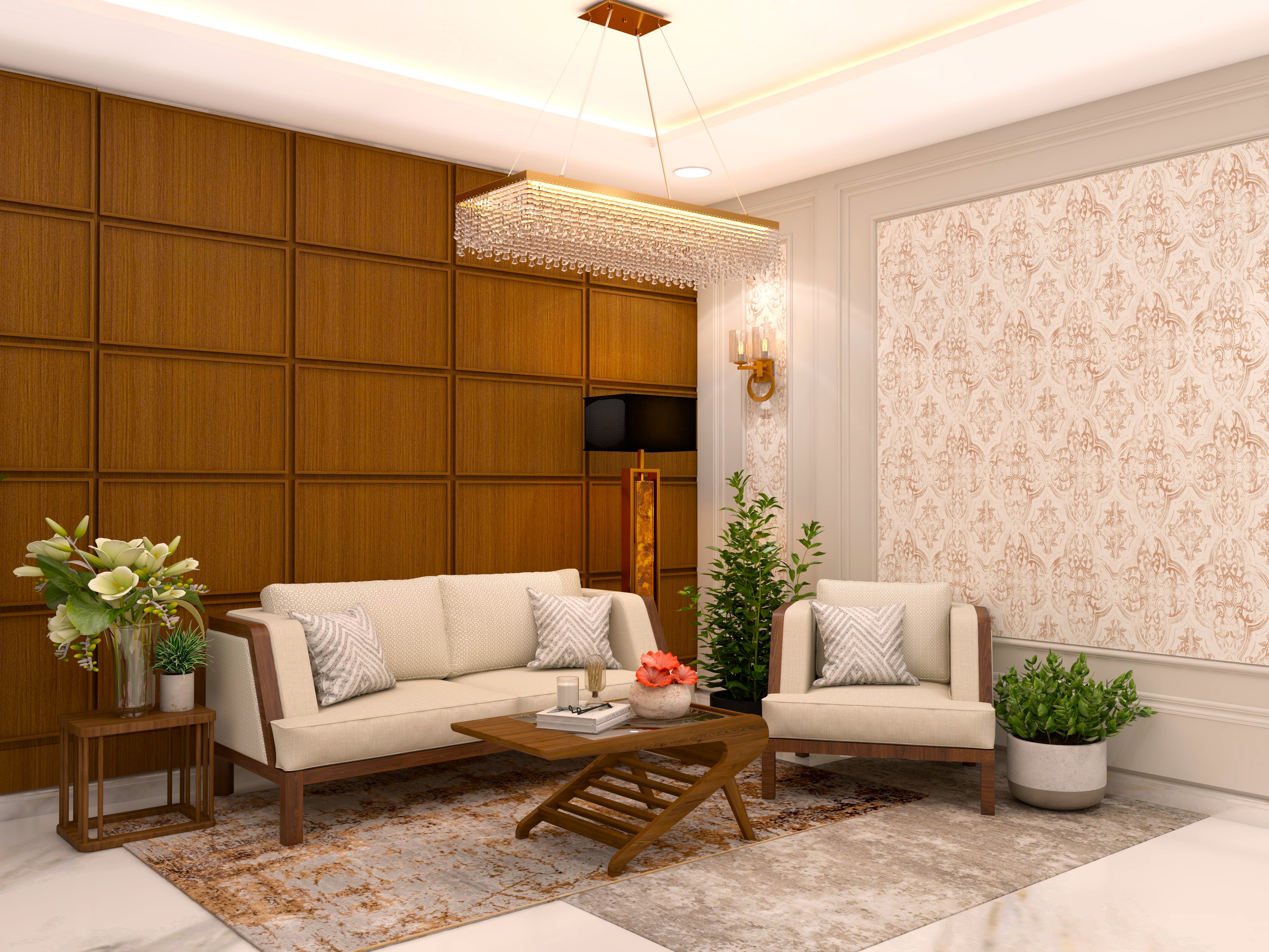 White wooden sofa with wooden wall paneling and chandelier-Beautiful Homes