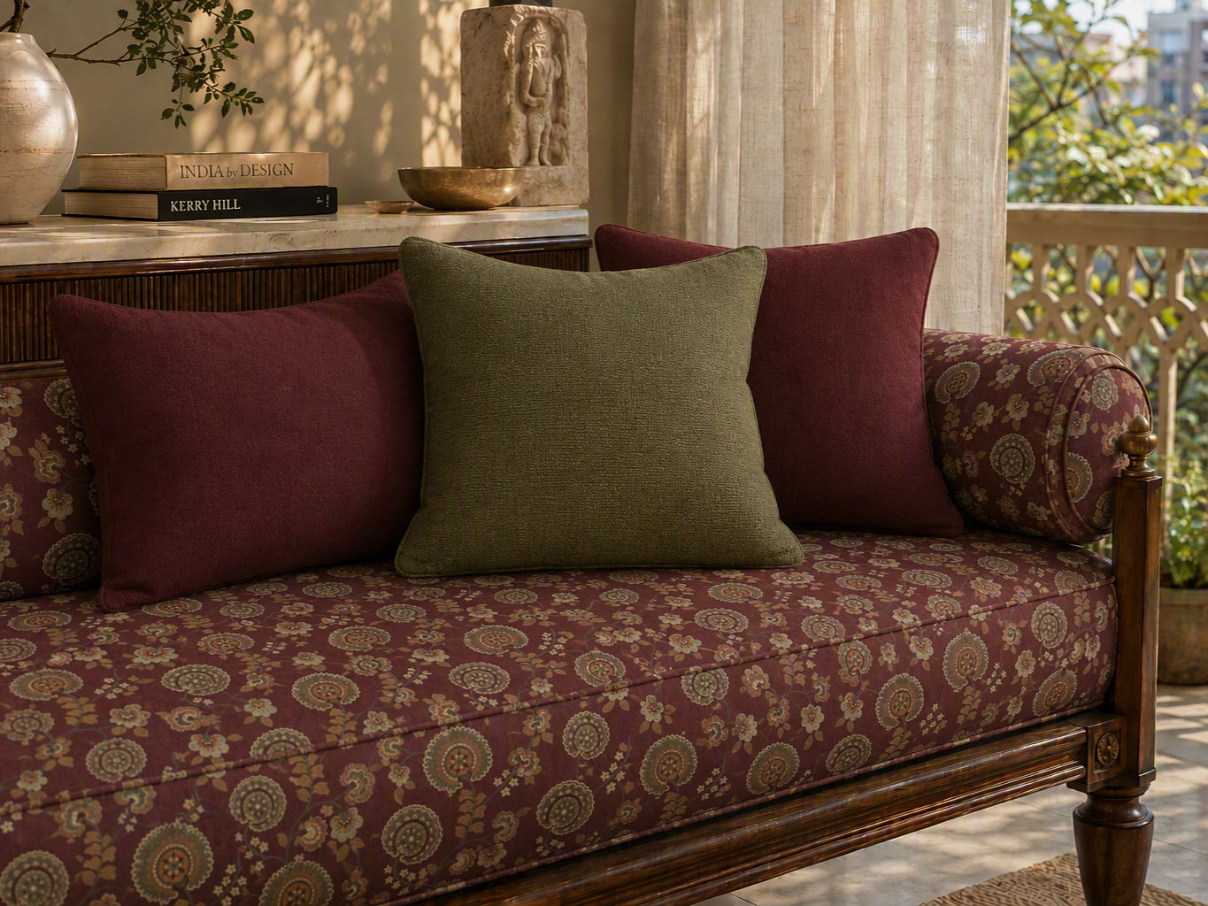 Living room furnishing with a carved dark wood daybed, maroon floral-patterned upholstery, and matching bolster - Beautiful Homes