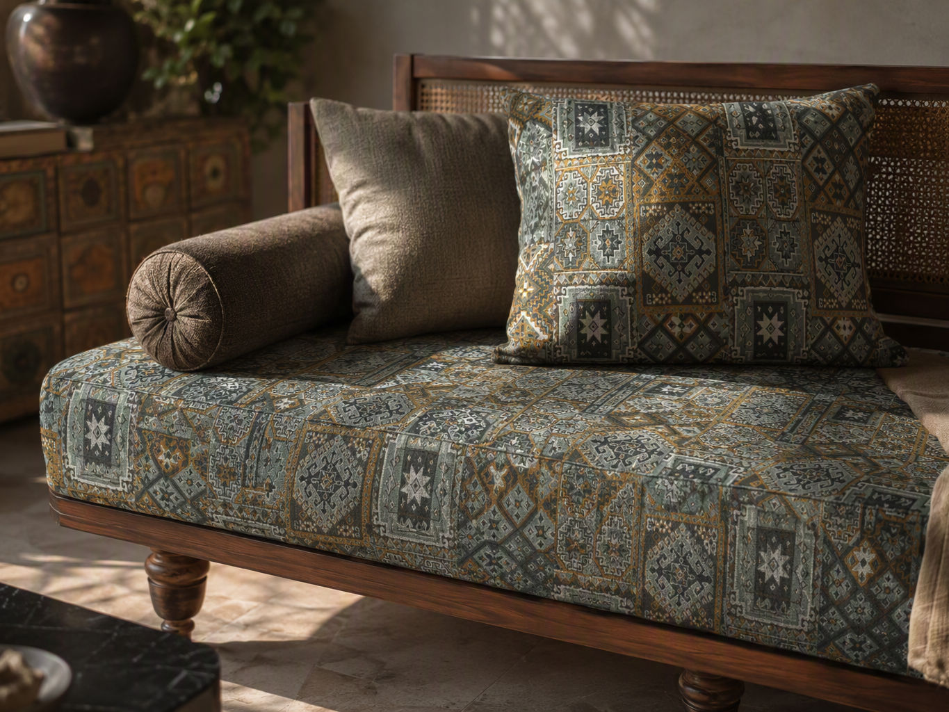 Living room furnishing with a dark wooden daybed featuring a woven cane backrest, tapestry-style seat cushion, and patterned accent pillow - Beautiful Homes