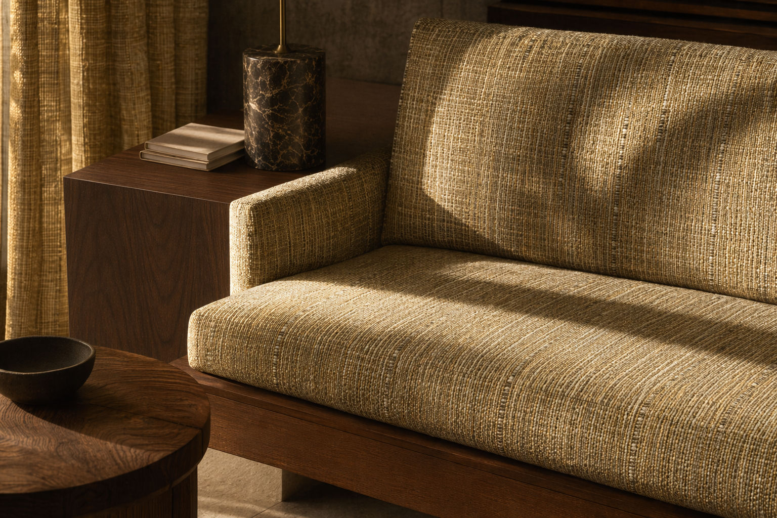 Sofa with richly textured mustard, beige, and cream woven upholstery - Beautiful Homes