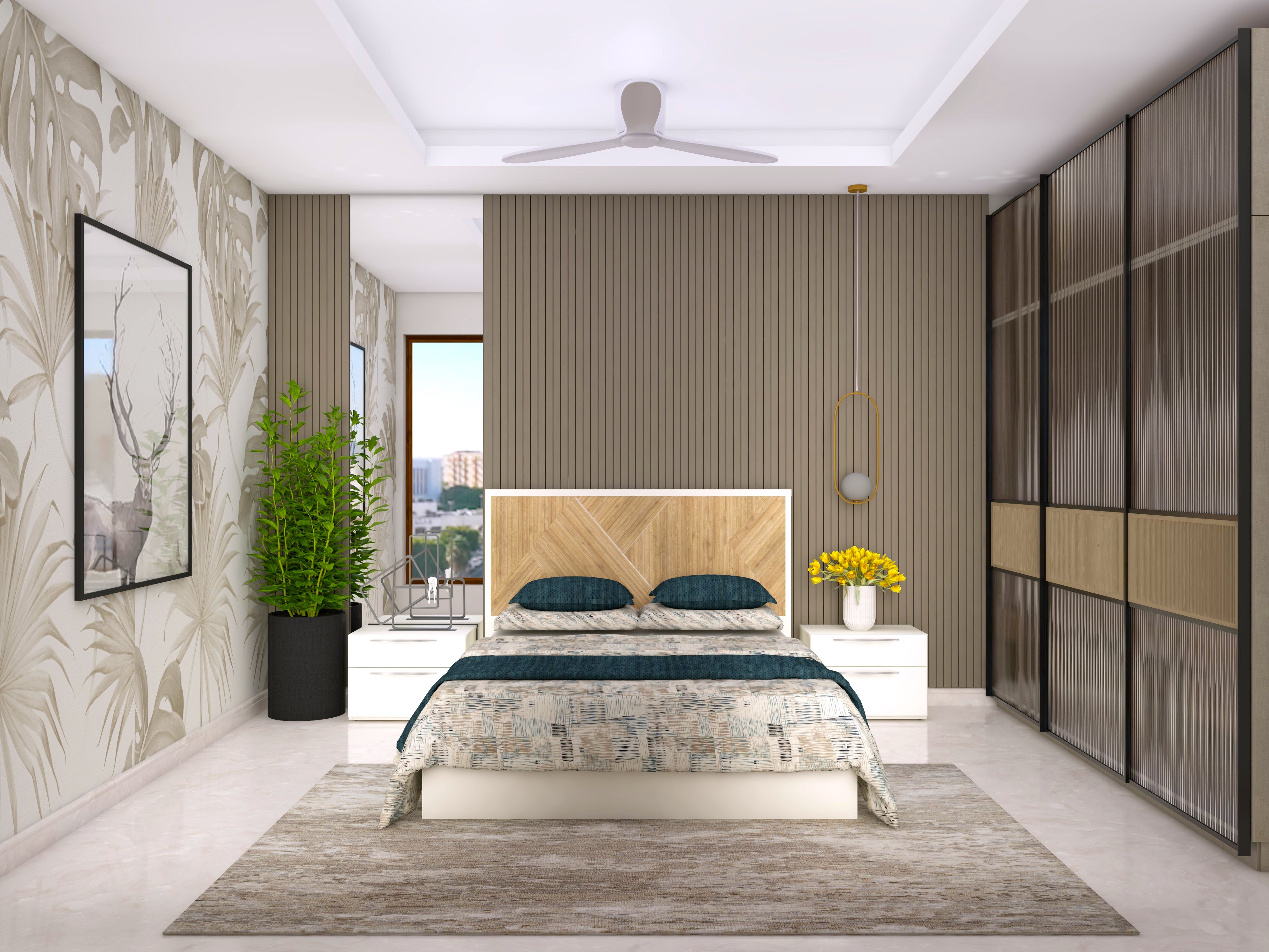 Contemporary bedroom design with wall paneling and fluted glass wardrobe - Beautiful Homes
