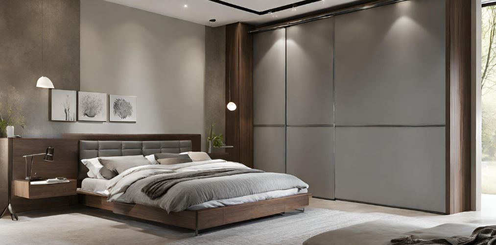 Contemporary bedroom with grey sliding wardrobe - Beautiful Homes