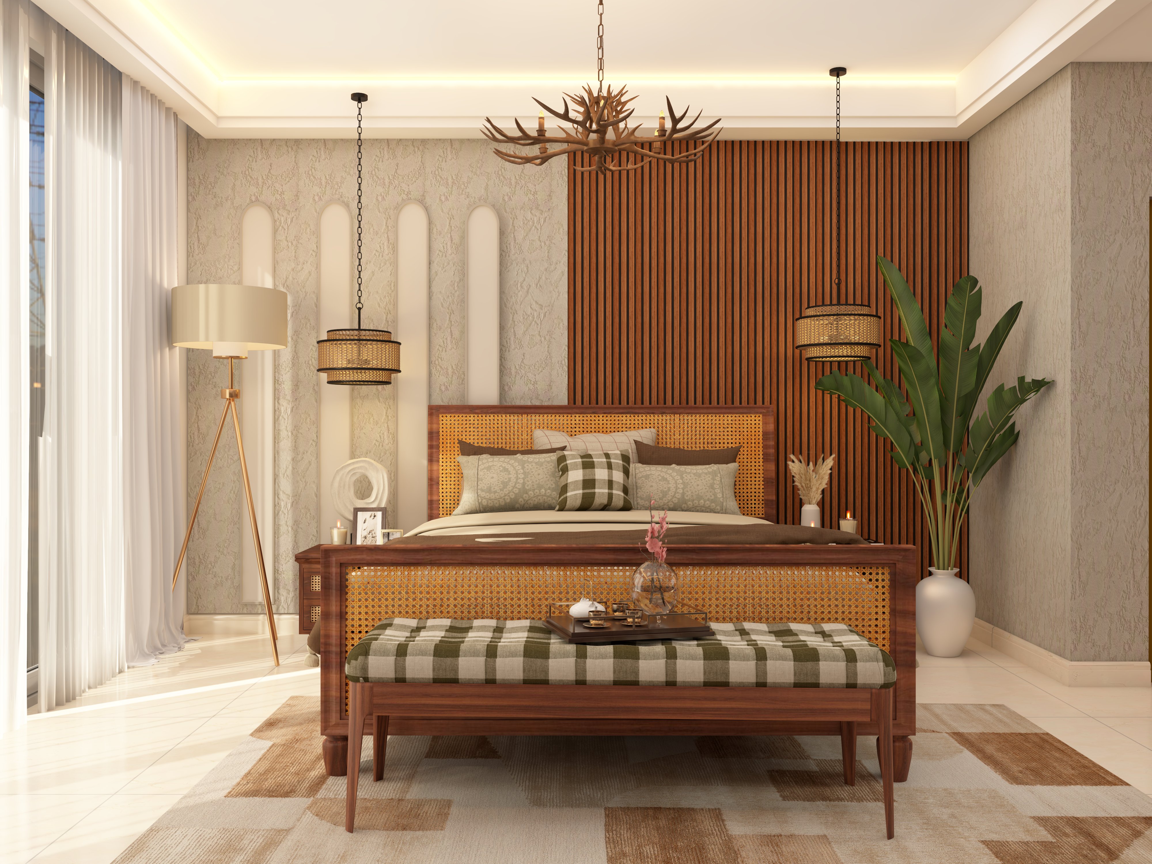 Contemporary master bedroom with Nilaya furniture and fluted wooden wall paneling - Beautiful Homes