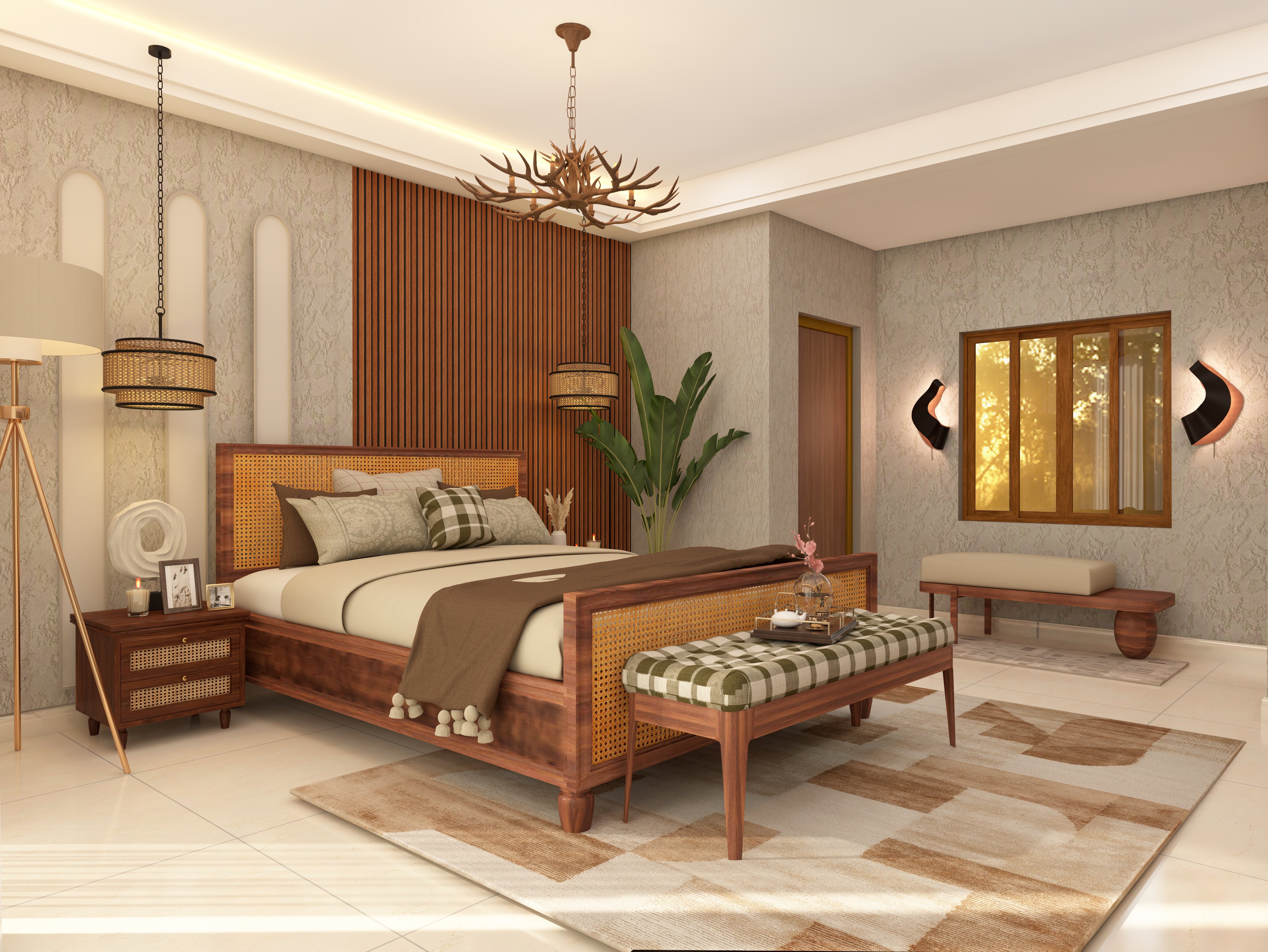 Contemporary master bedroom with Nilaya furniture and white teak lights - Beautiful Homes
