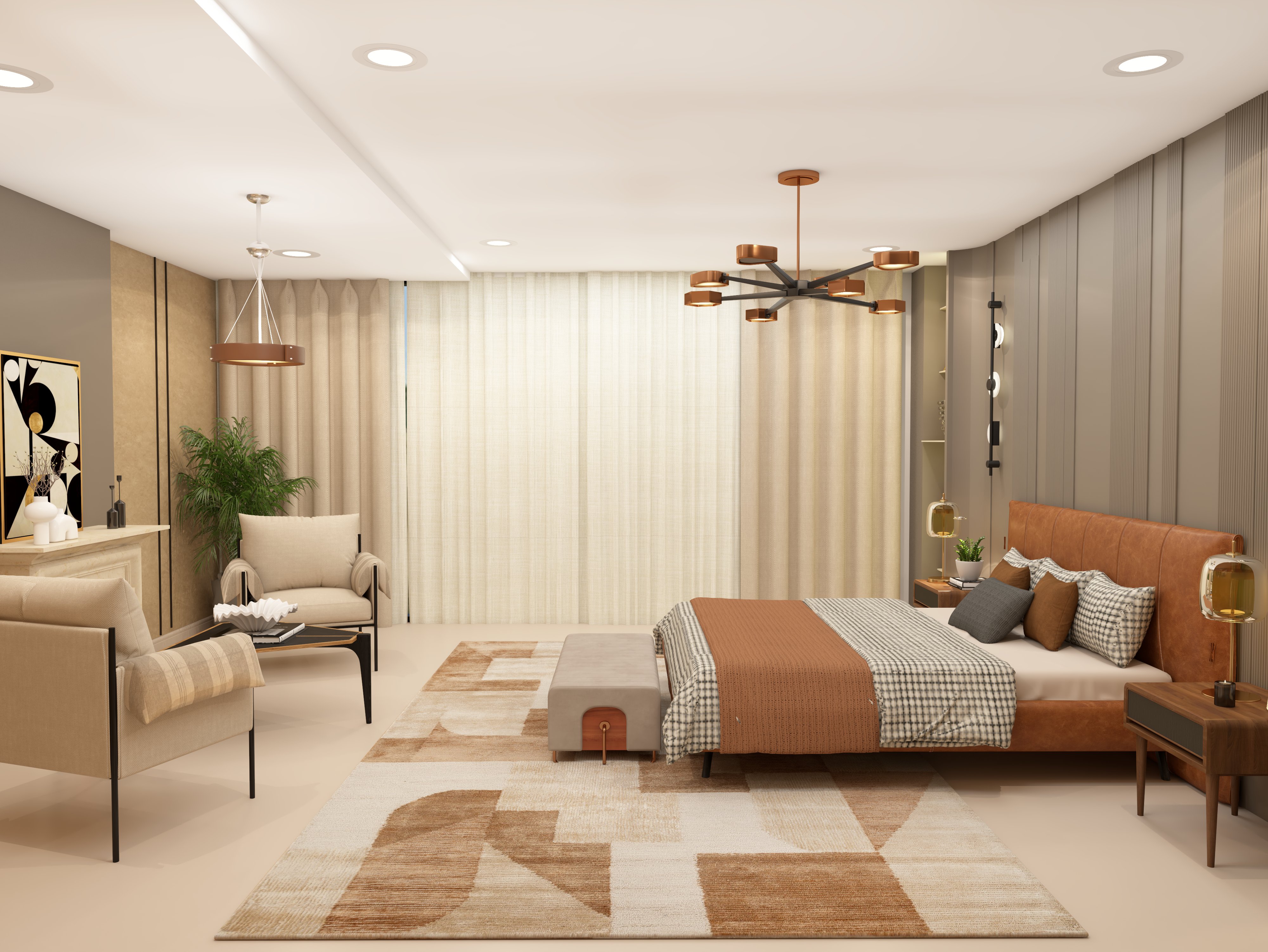 Contemporary master bedroom with Nilaya luxe furniture and white teak light - Beautiful Homes