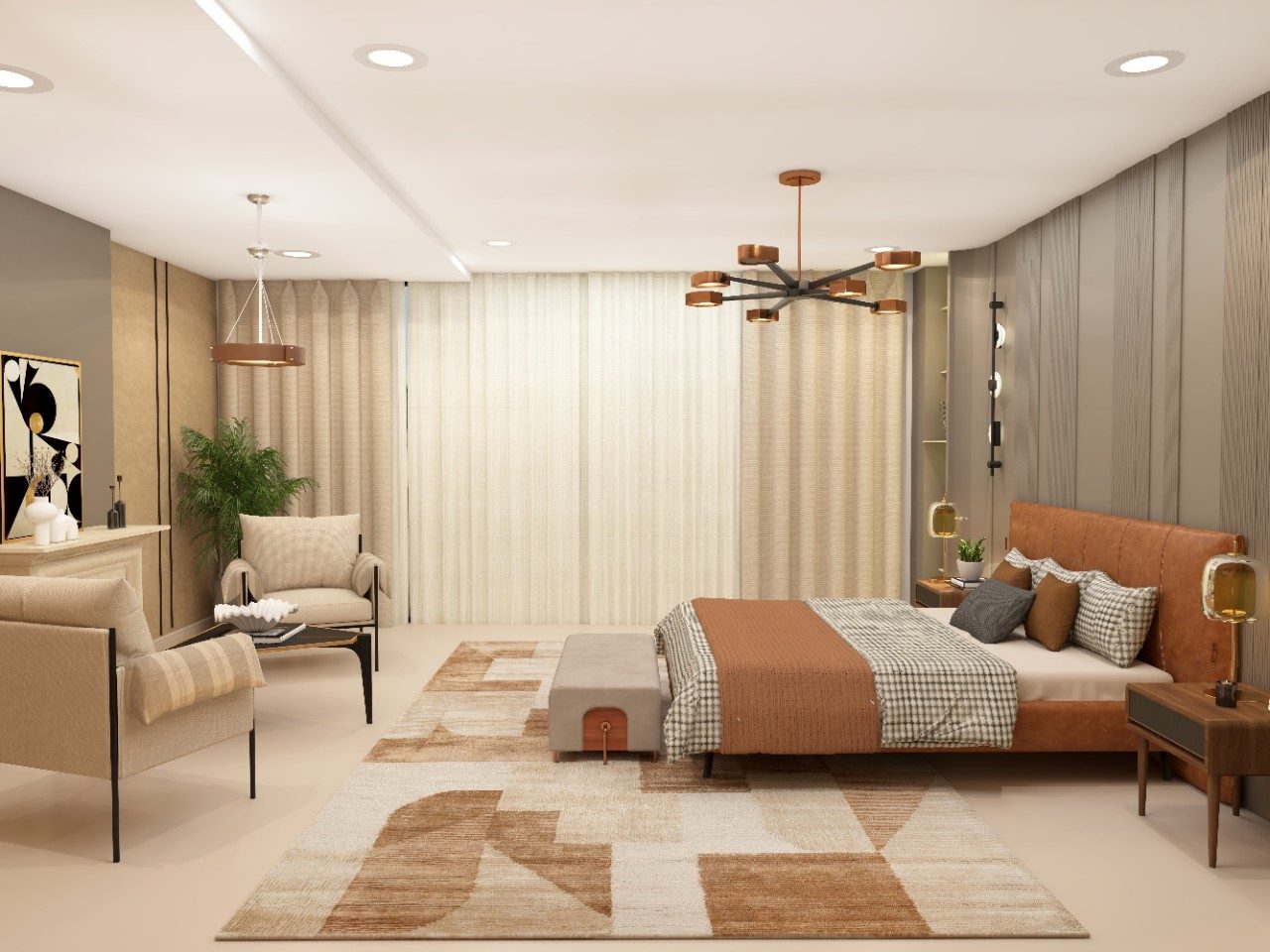 Contemporary master bedroom with Nilaya luxe furniture and white teak light - Beautiful Homes