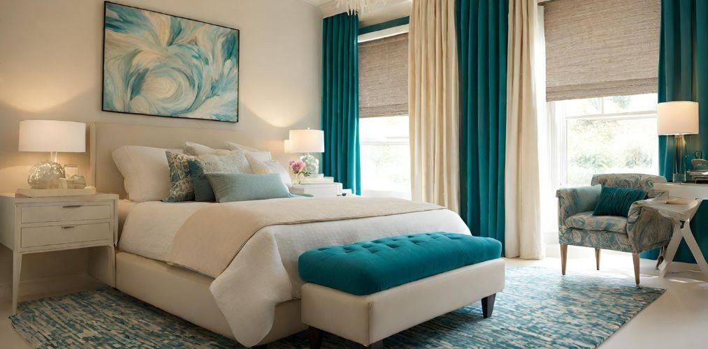 Cream and teal bedroom with upholstered footbed - Beautiful Homes