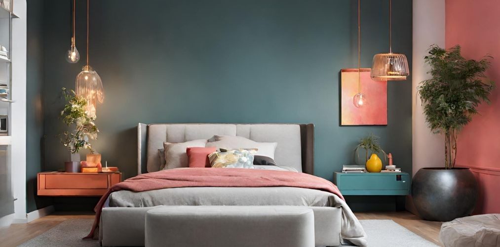 Grey bedroom with colourful walls and bedside tables - Beautiful Homes