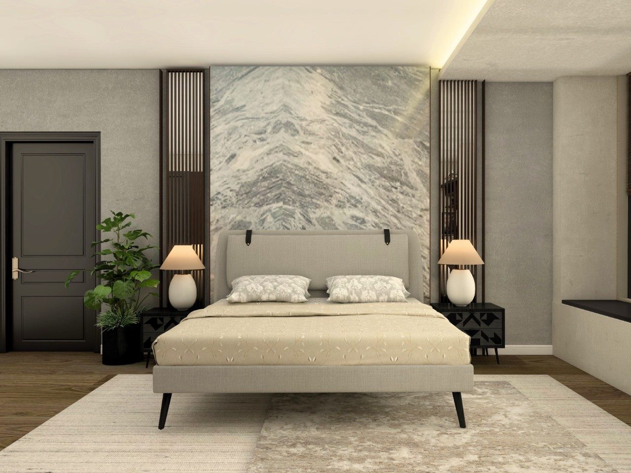 Grey master bedroom with marble back panel - Beautiful Homes