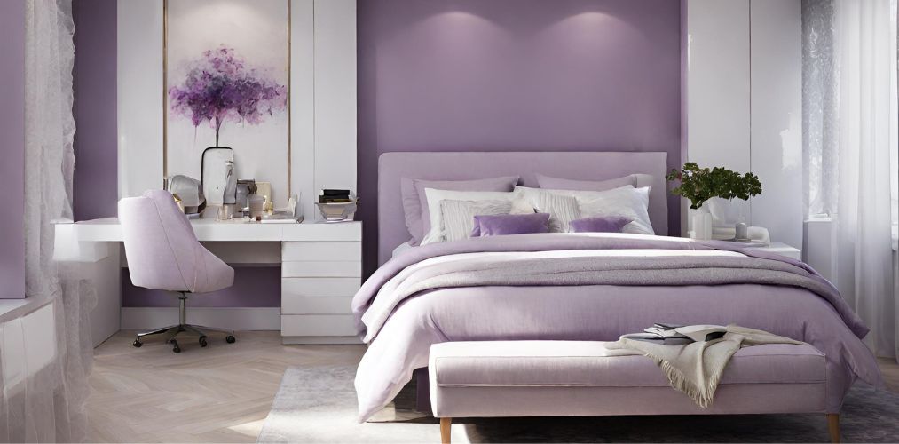 Lilac theme bedroom with white study table - Beautiful Homes