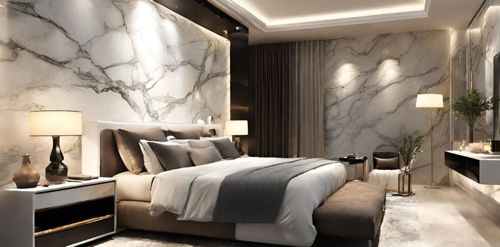 Luxury bedroom design with marble accent wall - Beautiful Homes