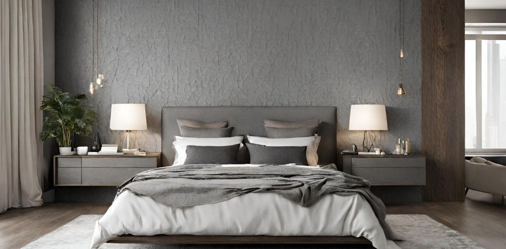 Luxury bedroom with grey textured wall and pendant lights - Beautiful Homes