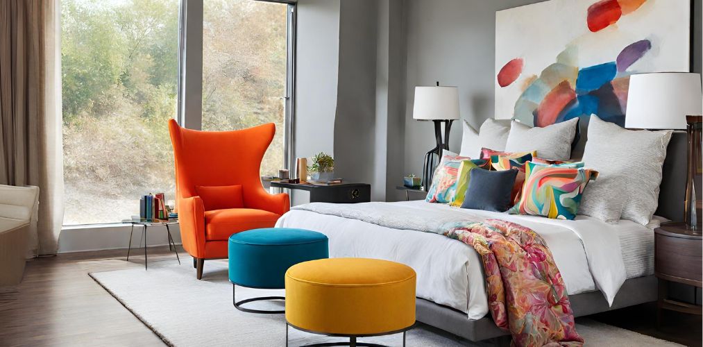 Master bedroom design with coloured accent chairs - Beautiful Homes