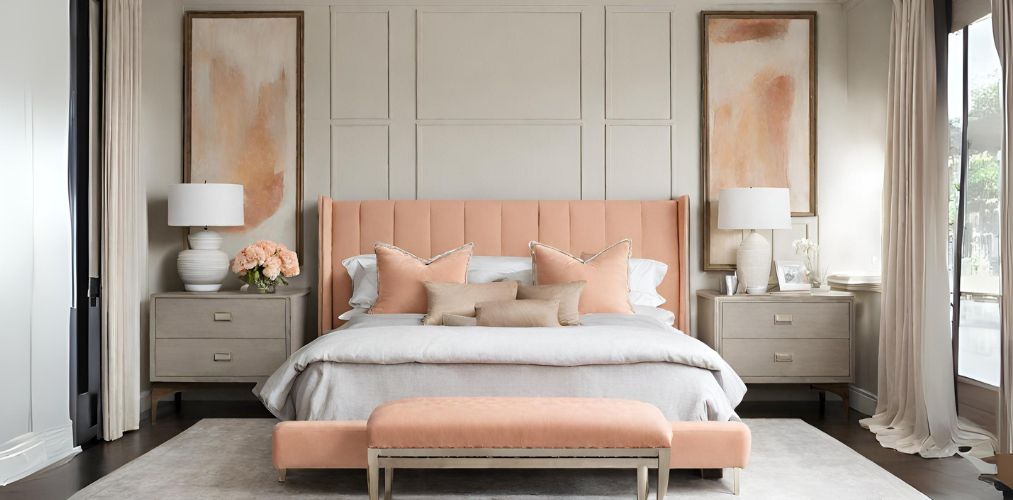 Master bedroom design with peach headboard and foot bench - Beautiful Homes